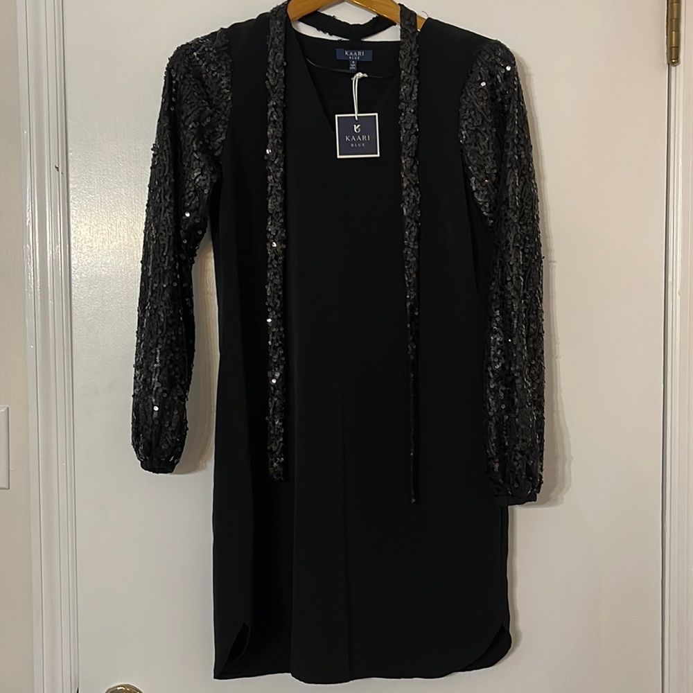 Kaari Blue true black floral scroll sequin dress; size small; great New Years